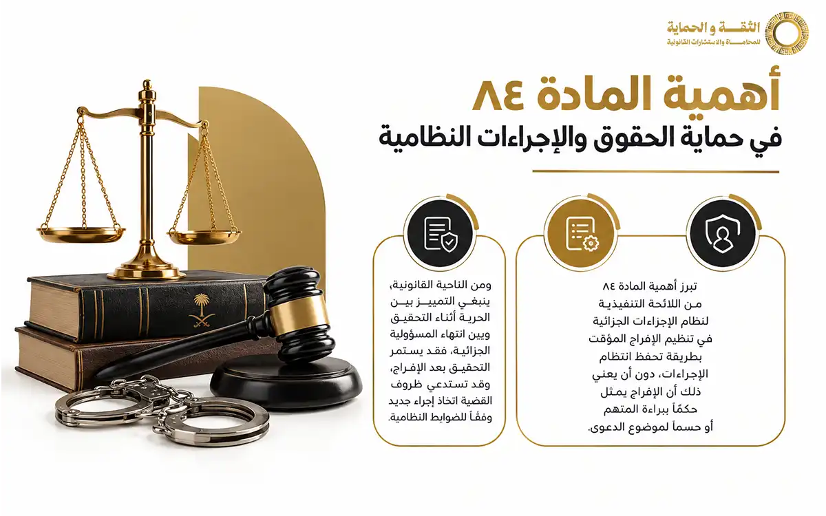 المادة ٨٤ من اللائحة التنفيذية لنظام الإجراءات الجزائية والإفراج المؤقت عن المتهم 3 المادة ٨٤ من اللائحة التنفيذية لنظام الإجراءات الجزائية